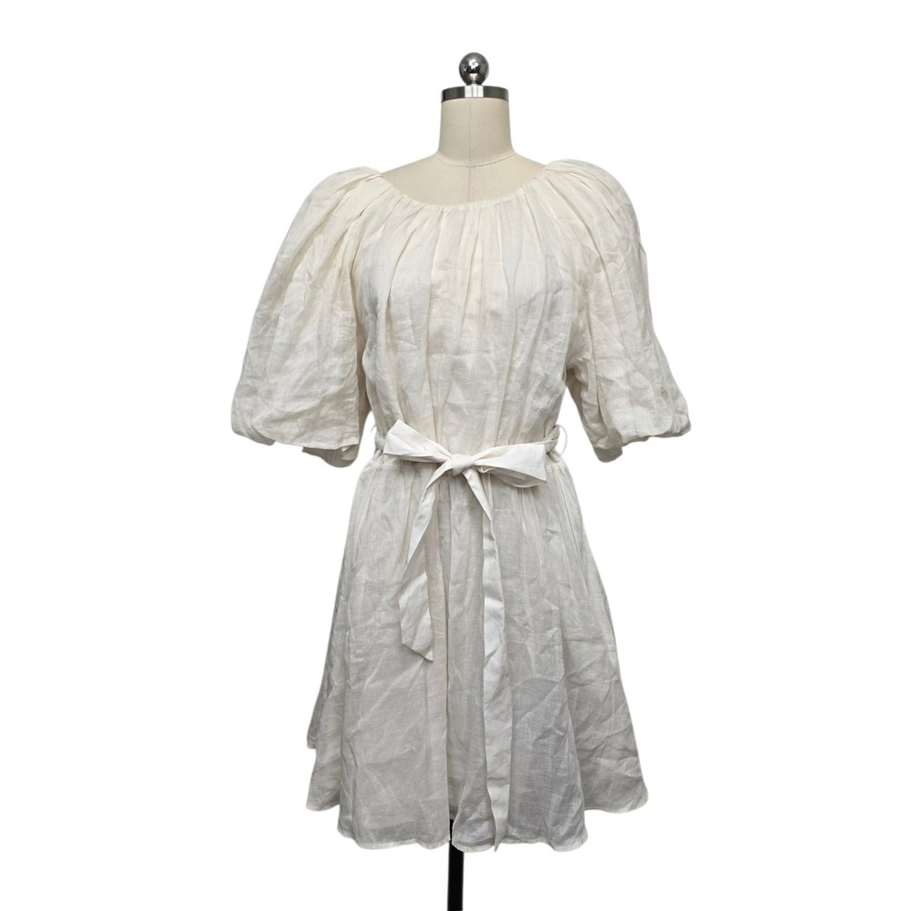 Banana Republic Womens Sz XL White Ramie Puff Sleeve Open Back Mini Dress Belted